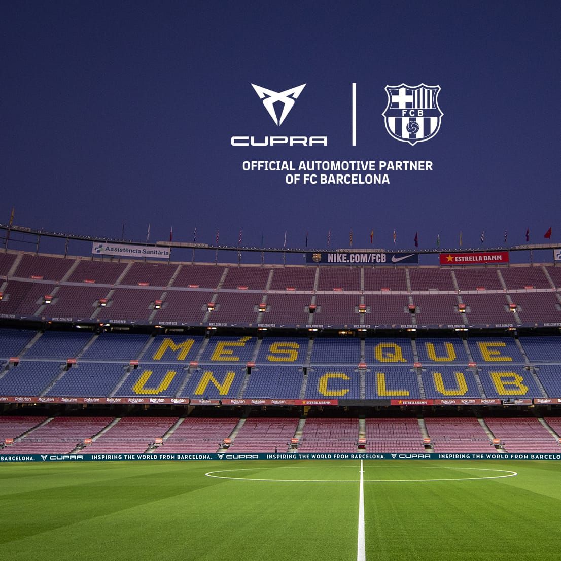 Empty stadium stands of the Camp Nou with the message More than a club in Catalonian.